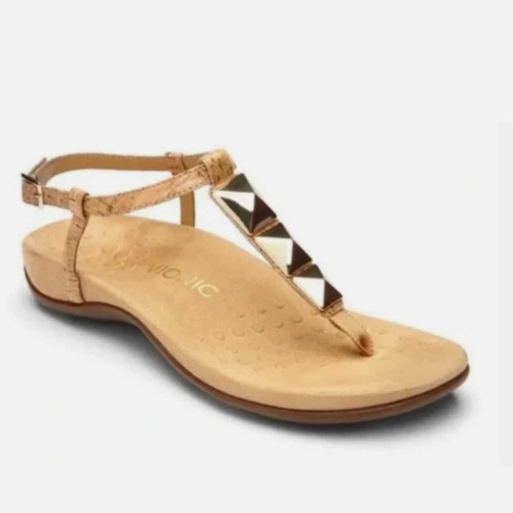 Used Vionic Nala Tan Cork T-Strap Sandals with Gold Metallic Studs Size 7